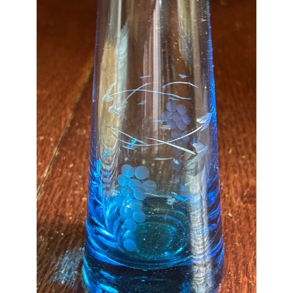 Vintage Blue Glass Bud Vase Etched Grape Vine Frosted 9.5